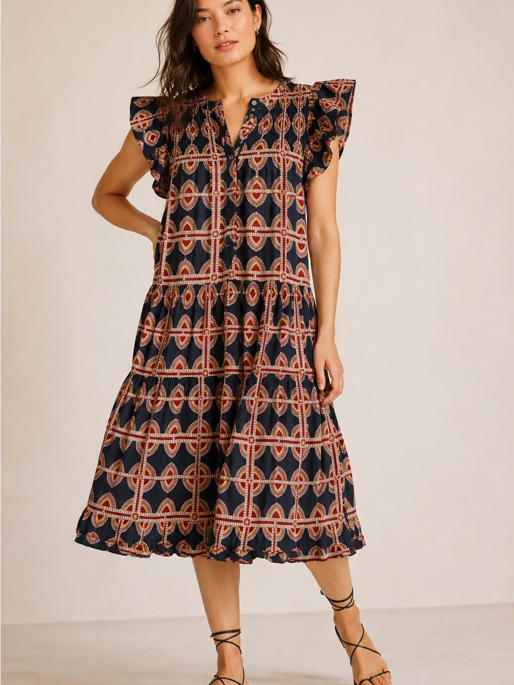 Sea New York Cotton Silk Smocked Flutter Sleeve Tiered Midi Dress Size Medium